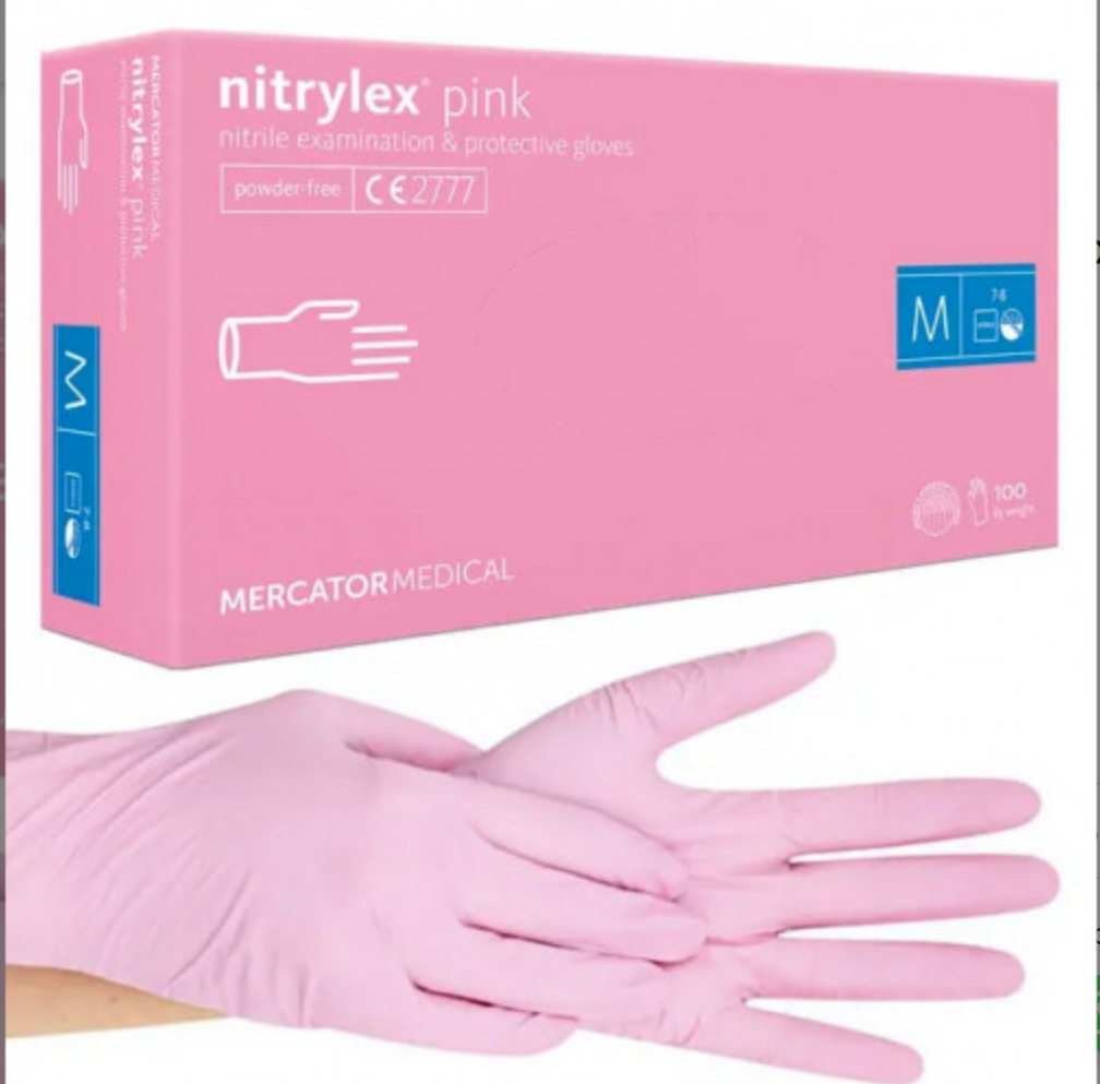 Рукавички нітрилові Mercator Nitrylex Pink неопудренні (100 шт/пач), рожеві