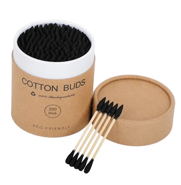 Ватні бамбукові палички Cotton Buds, 200 шт картонна кругла упаковка - чорні