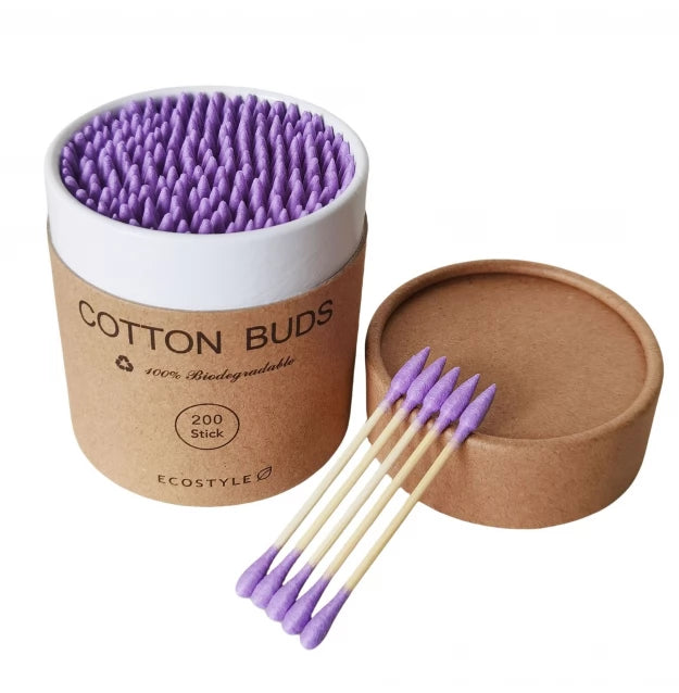Ватні палички бамбукові Cotton Buds, 200 шт картонна кругла упаковка - фіолетові