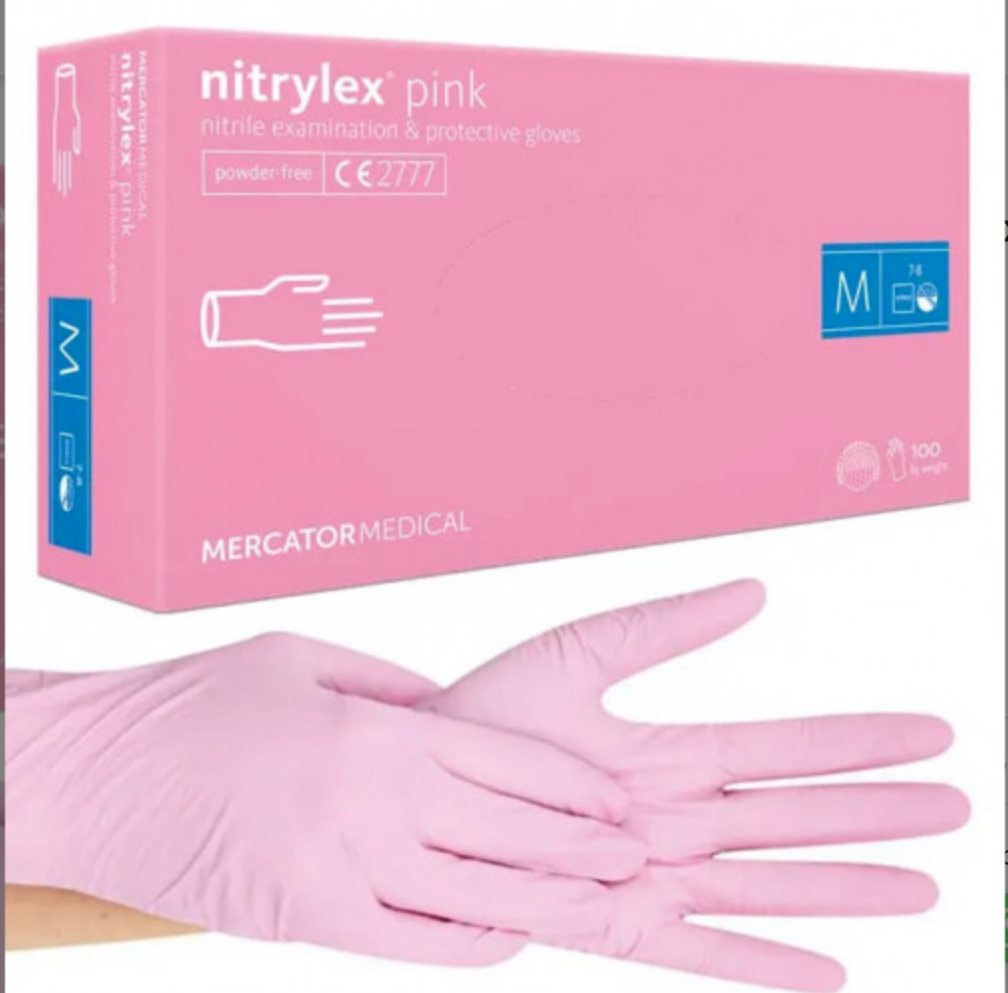 Перчатки нитриловые Mercator Nitrylex Pink неопудренные (100 шт/пач), розовые