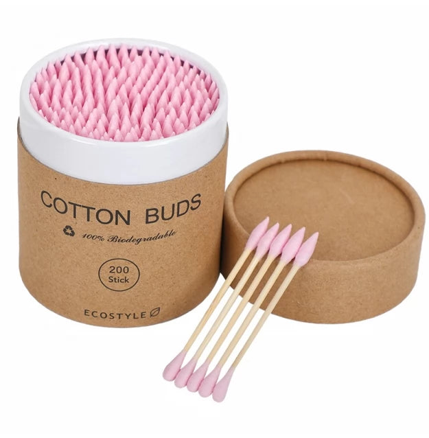 Ватні палички бамбукові Cotton Buds, 200 шт картонна кругла упаковка - рожеві