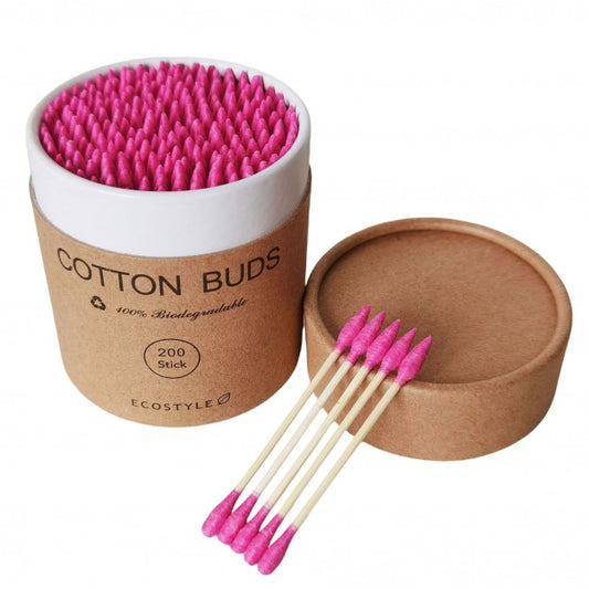 Ватні палички бамбукові Cotton Buds, 200 шт картонна кругла упаковка - малинові