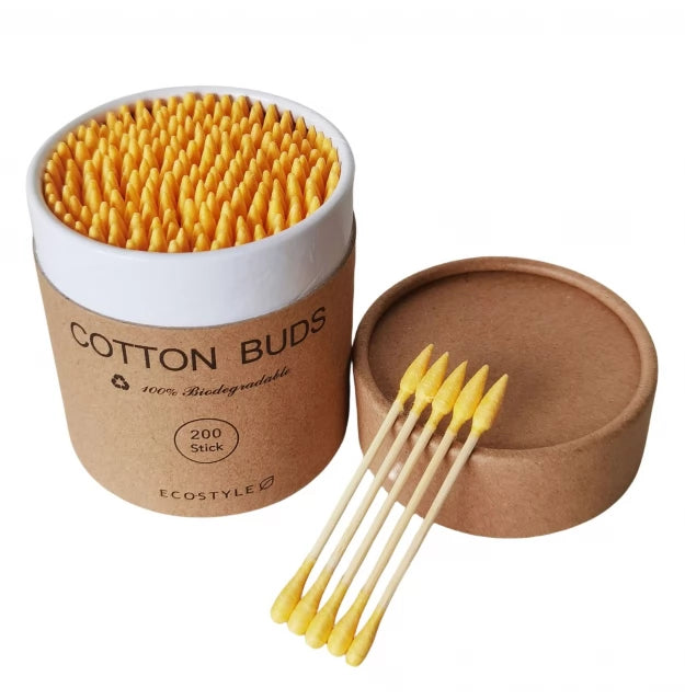Ватні бамбукові палички Cotton Buds, 200 шт картонна кругла упаковка - жовті